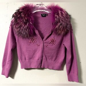 Vintage 1990s /RooCardigan with Fur Collar Sweater Old Money Preppy Y2k Medium